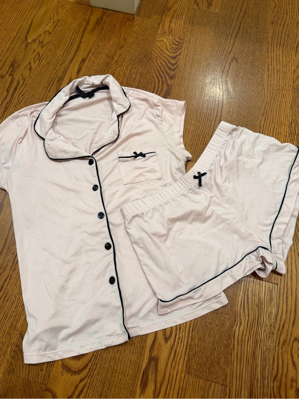 Light Pink Short Sleeve Pajama Set with Black Piping